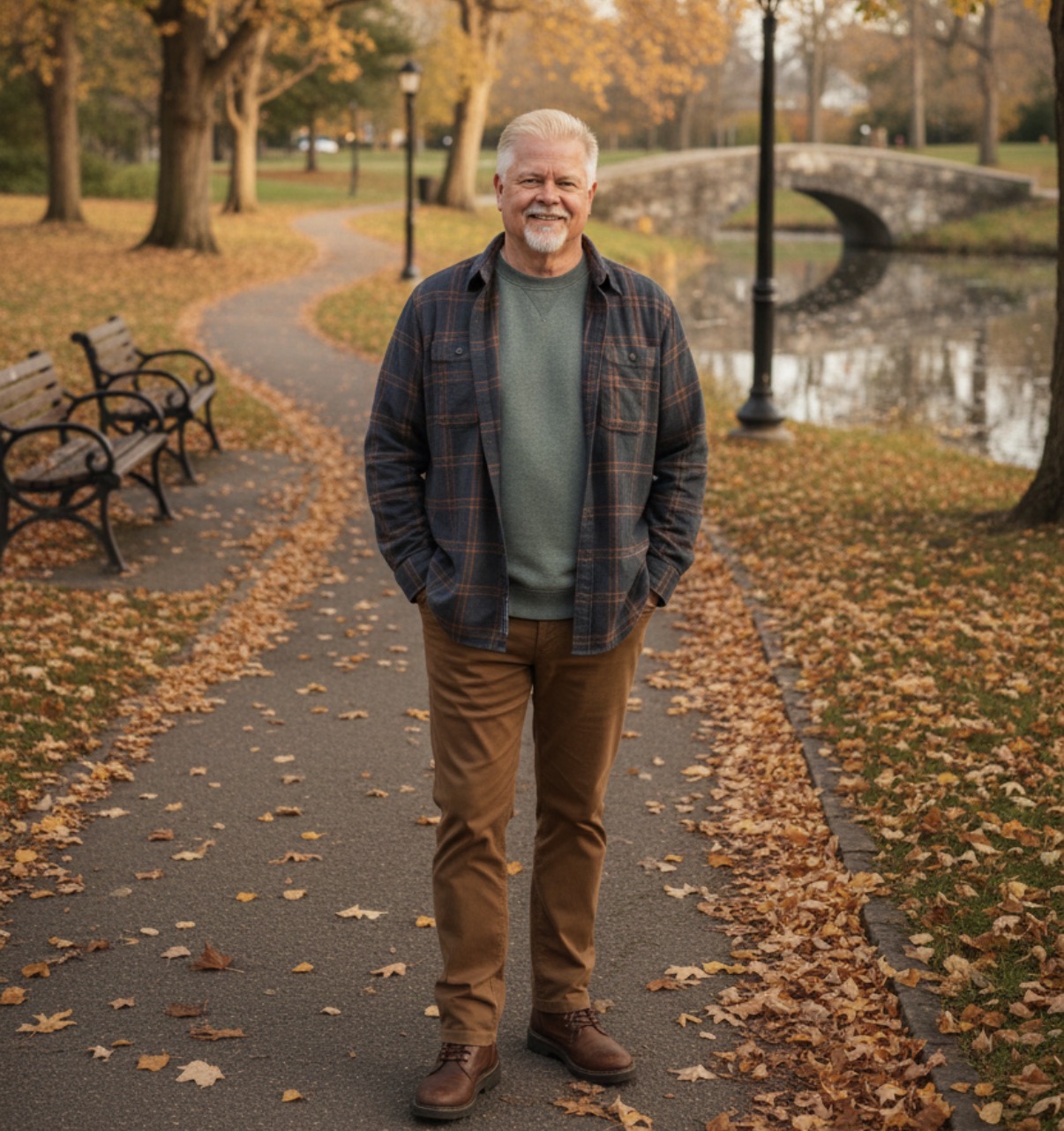 Pastor David Williamson standing on an autumn path beside a stone bridge