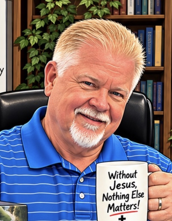 Pastor David smiling in his study with his Without Jesus, Nothing Else Matters mug